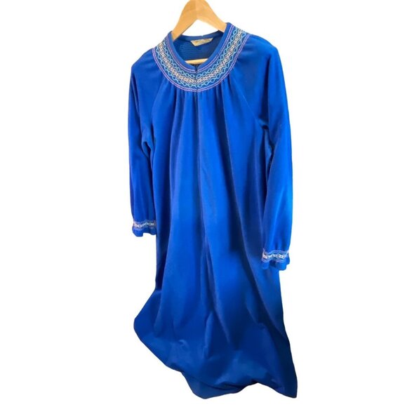 Vintage 80s Vanity Fair Royal Blue Full Zip Embroidered Collar Maxi Robe Sz L - Picture 3 of 9